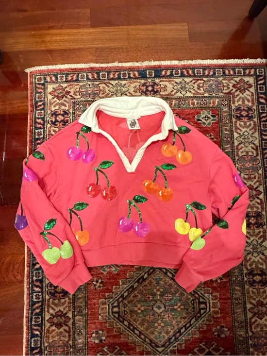 QUEEN OF SPARKLES Tops - QUEEN OF SPARKLES Pink Cherry Sequin Collared Sweatshirt